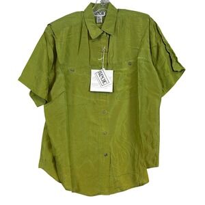NWT Vintage Womens Green Washable Silk Short Sleeve Button Up Shirt Frenchic MED